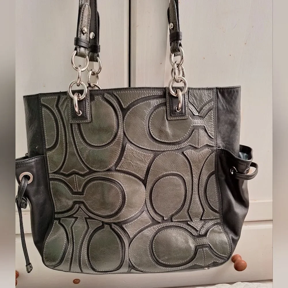 Coach Black and Gray Embossed C Patterned Tote - Picture 7 of 9